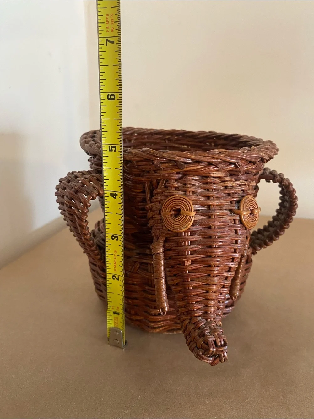 Vintage Elephant Wicker Basket w/ ear handles, planter storage decor cute